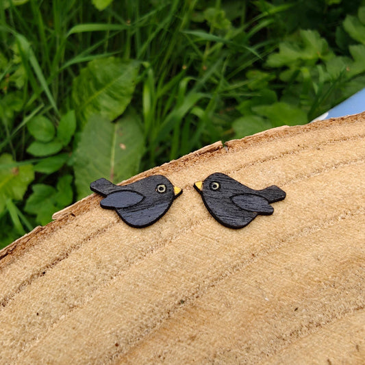 Handpainted Birch Blackbird Stud Earrings with Gift Tin