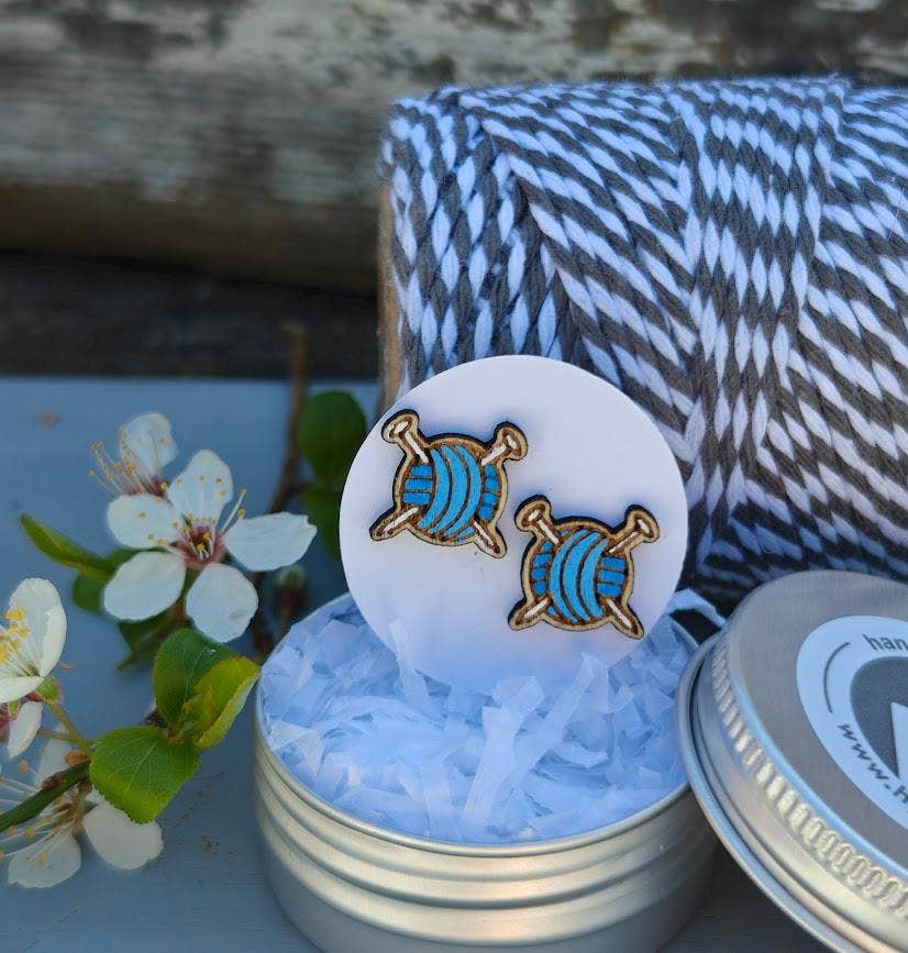 Handmade Birch Blue Knitting Yarn Earrings with Gift Tin