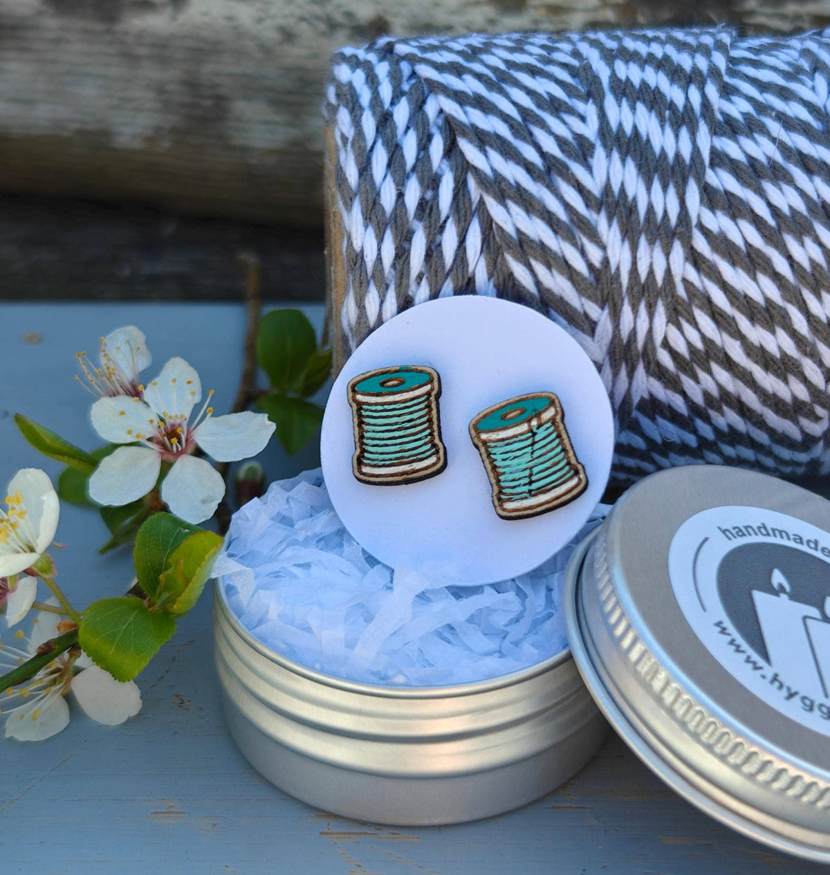 Handmade Sustainable Aqua Cotton Reel Earrings with Gift Tin