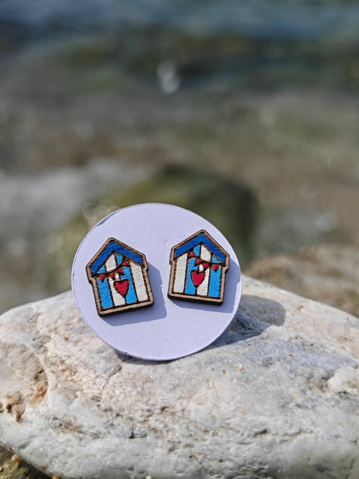 Handmade Wooden Nautical Beach Hut Earrings with Tin