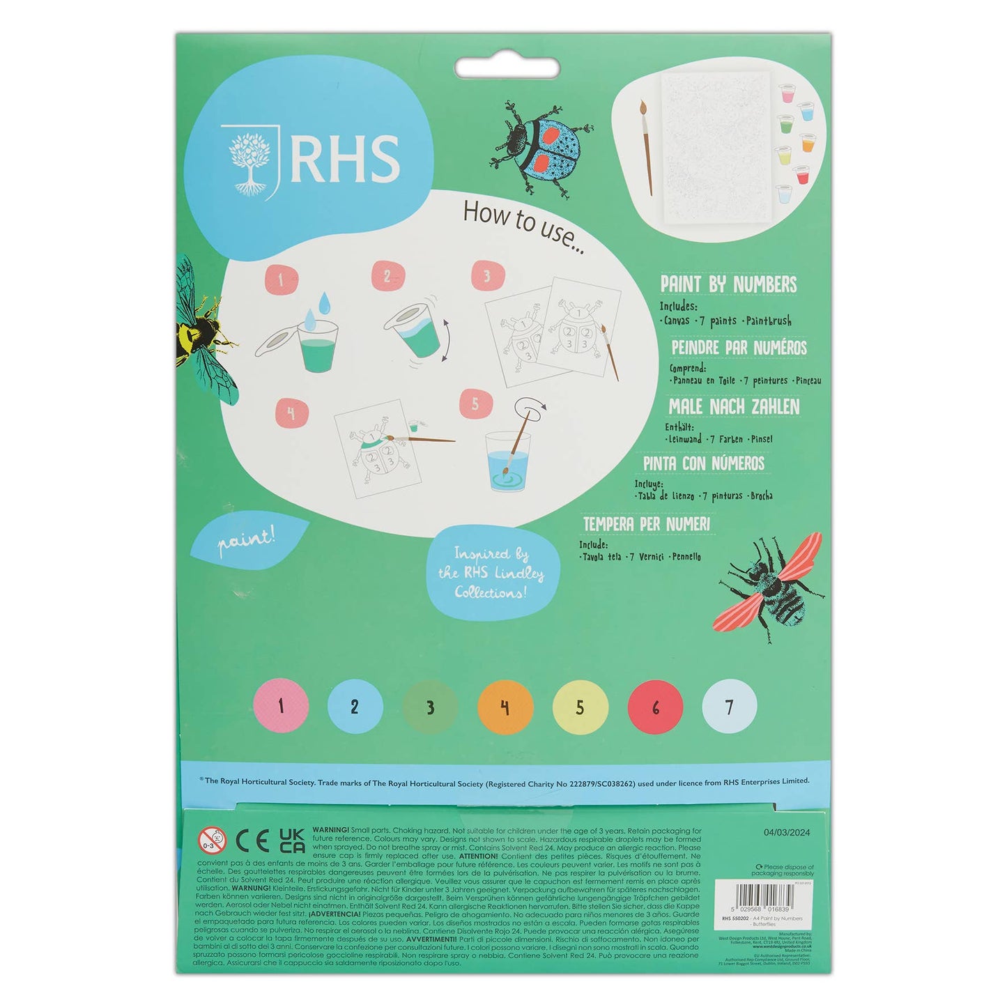 RHS Paint By Numbers For Kids Multicoloured, A4, Butterflies
