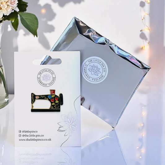Black Sewing Machine Enamel Pin Brooch With Flowers