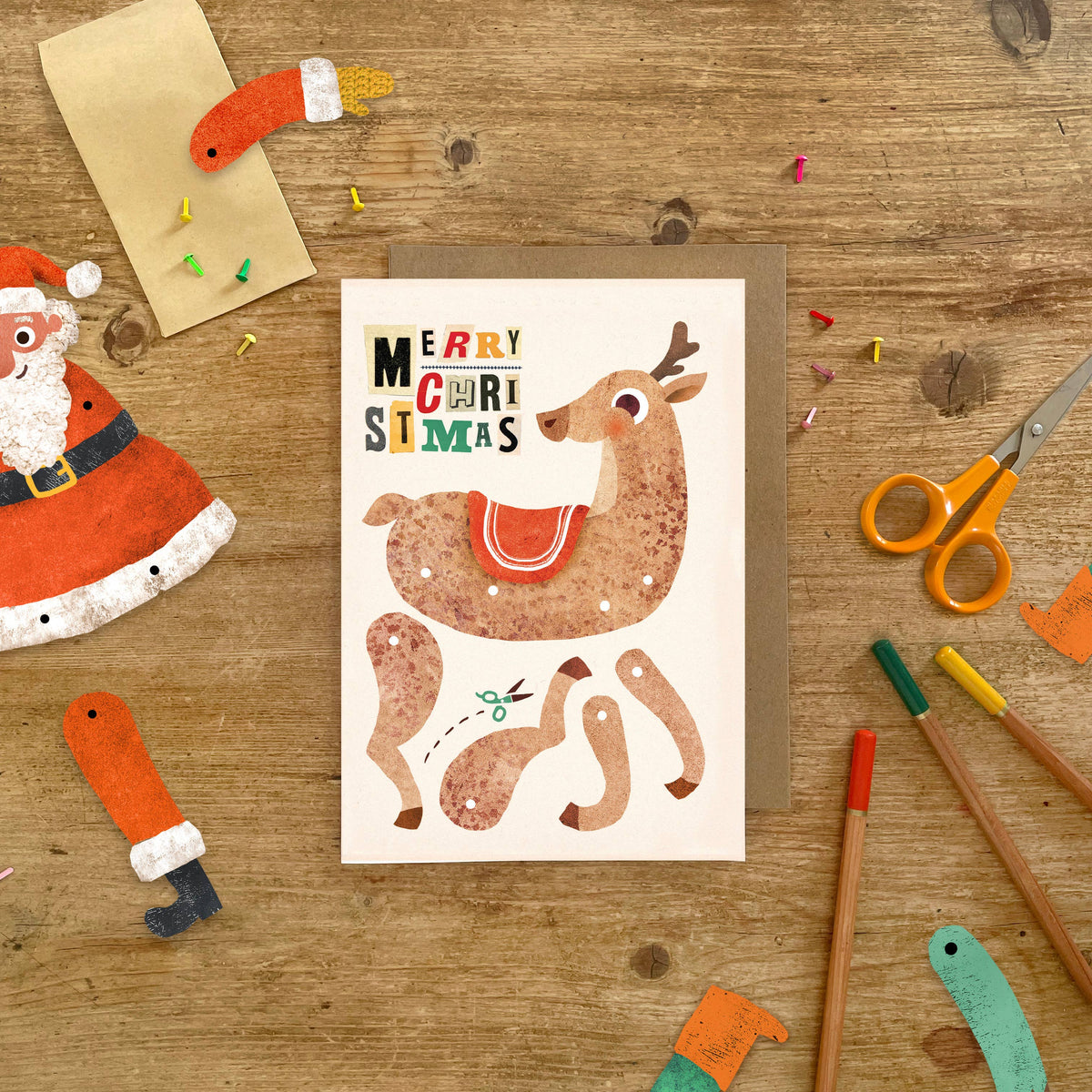 Reindeer Split Pin Puppet A5 Christmas Card | Kid's Activity