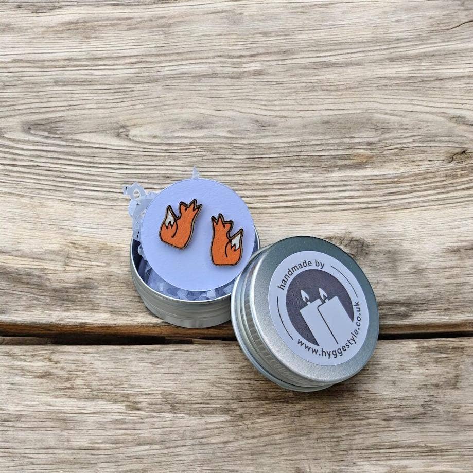Handmade Sustainable Birch Fox Earrings with Gift Tin