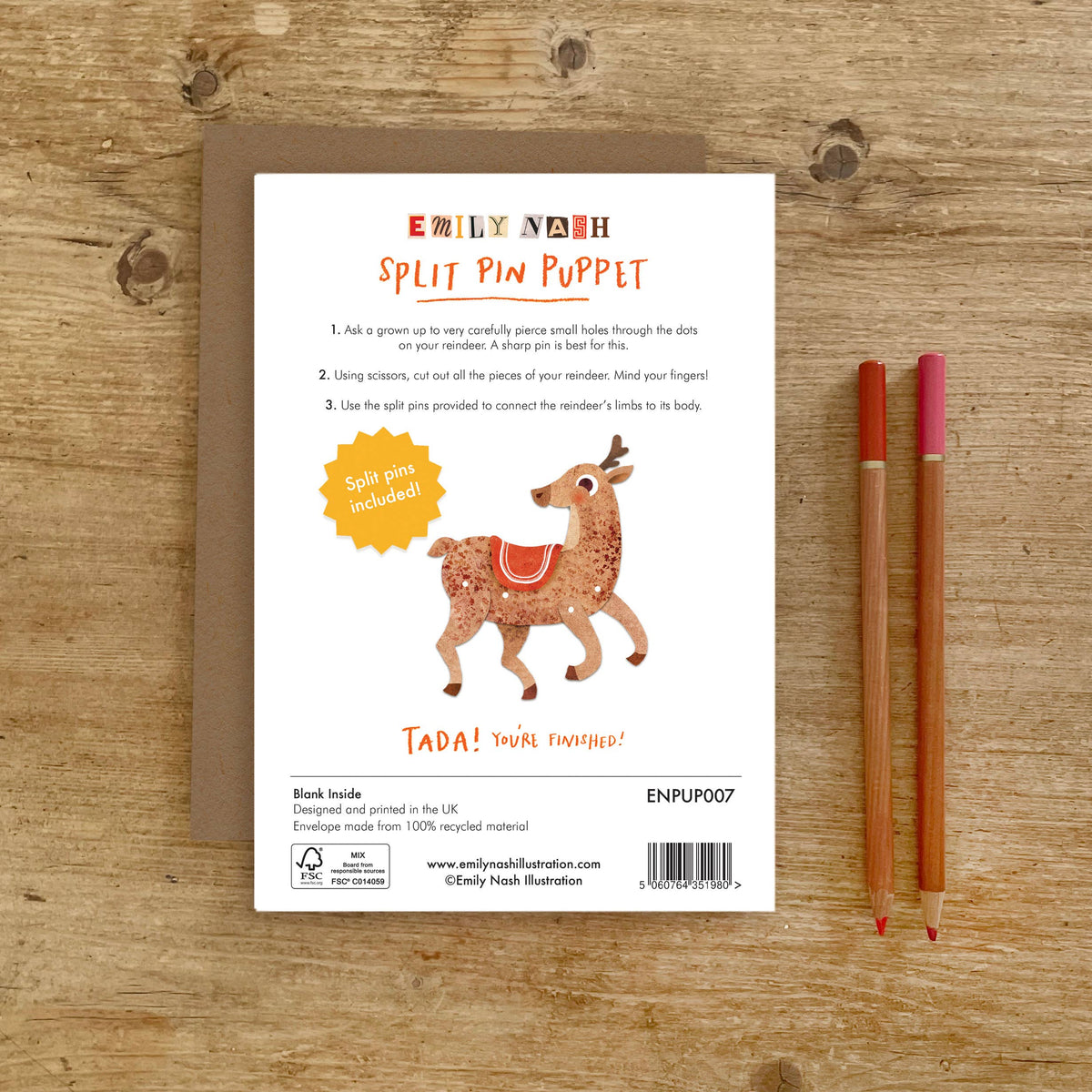 Reindeer Split Pin Puppet A5 Christmas Card | Kid's Activity
