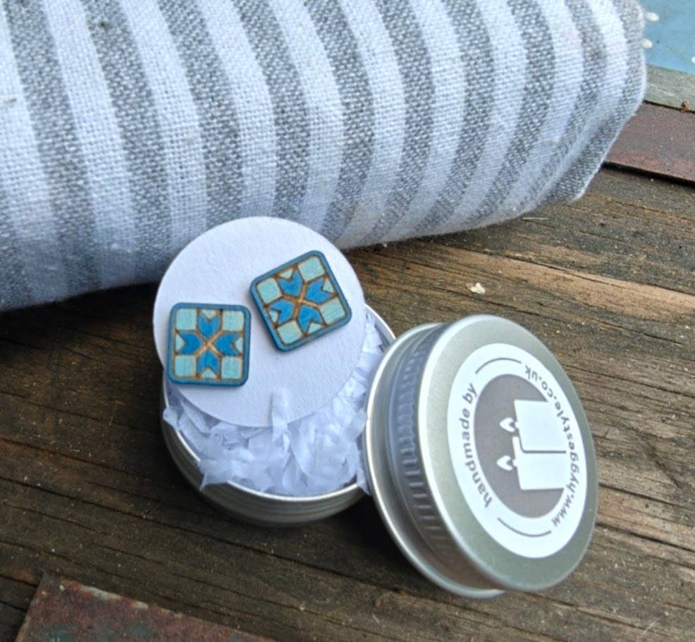 Handmade Sustainable Crafters Sewing Quilt Earrings with tin