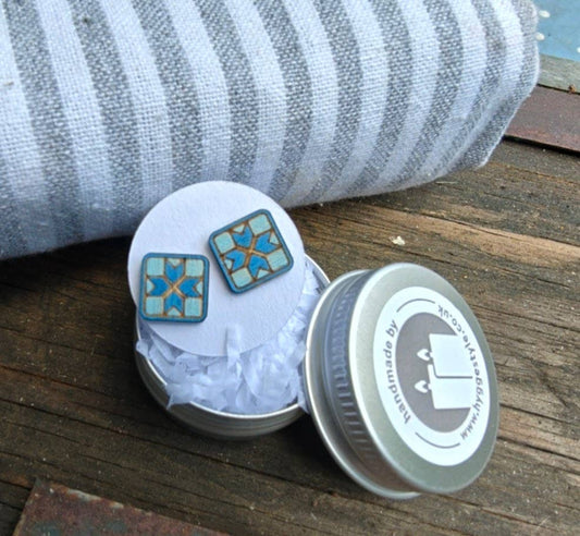 Handmade Sustainable Crafters Sewing Quilt Earrings with tin