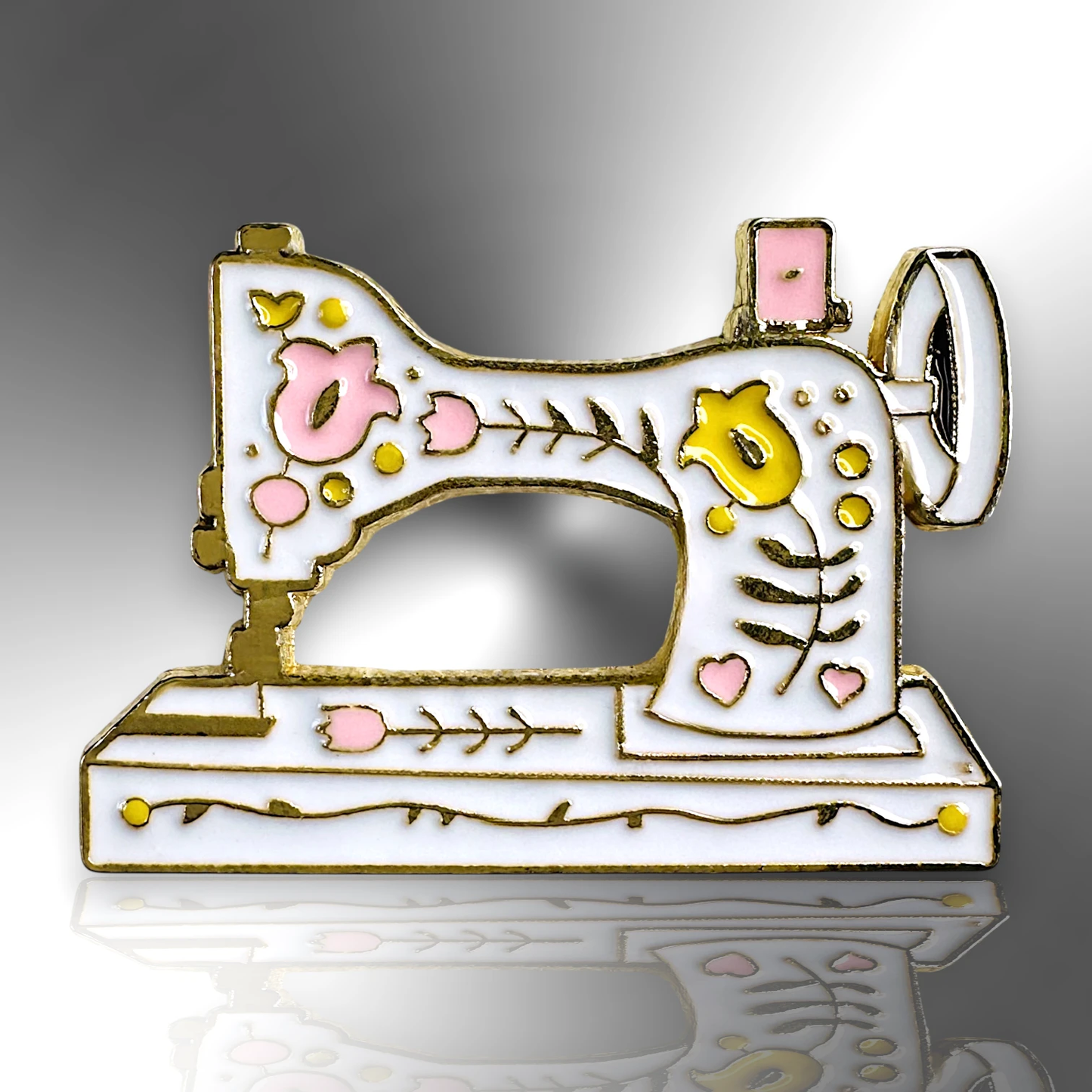 White Sewing Machine Enamel Pin Brooch With Flowers
