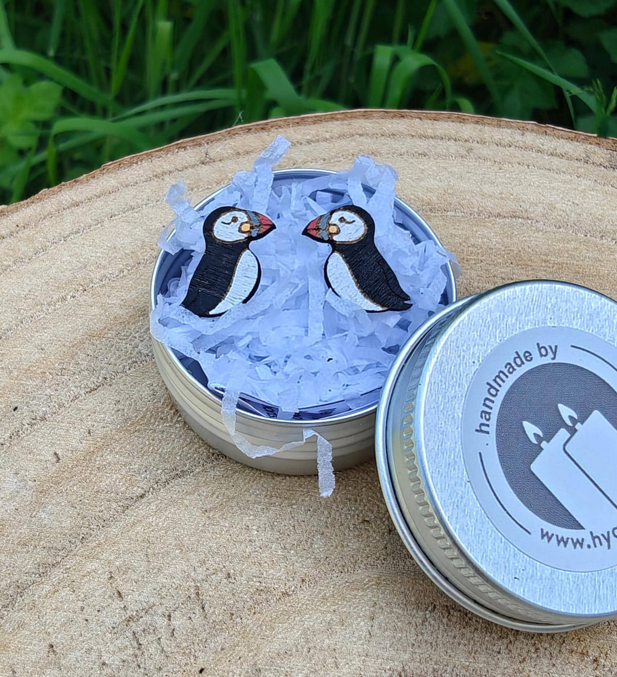 Handpainted Birch Puffin Bird Stud Earrings with Gift Tin