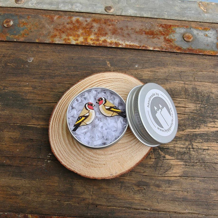 Handpainted Birch Goldfinch Wild Bird Stud Earrings & Tin