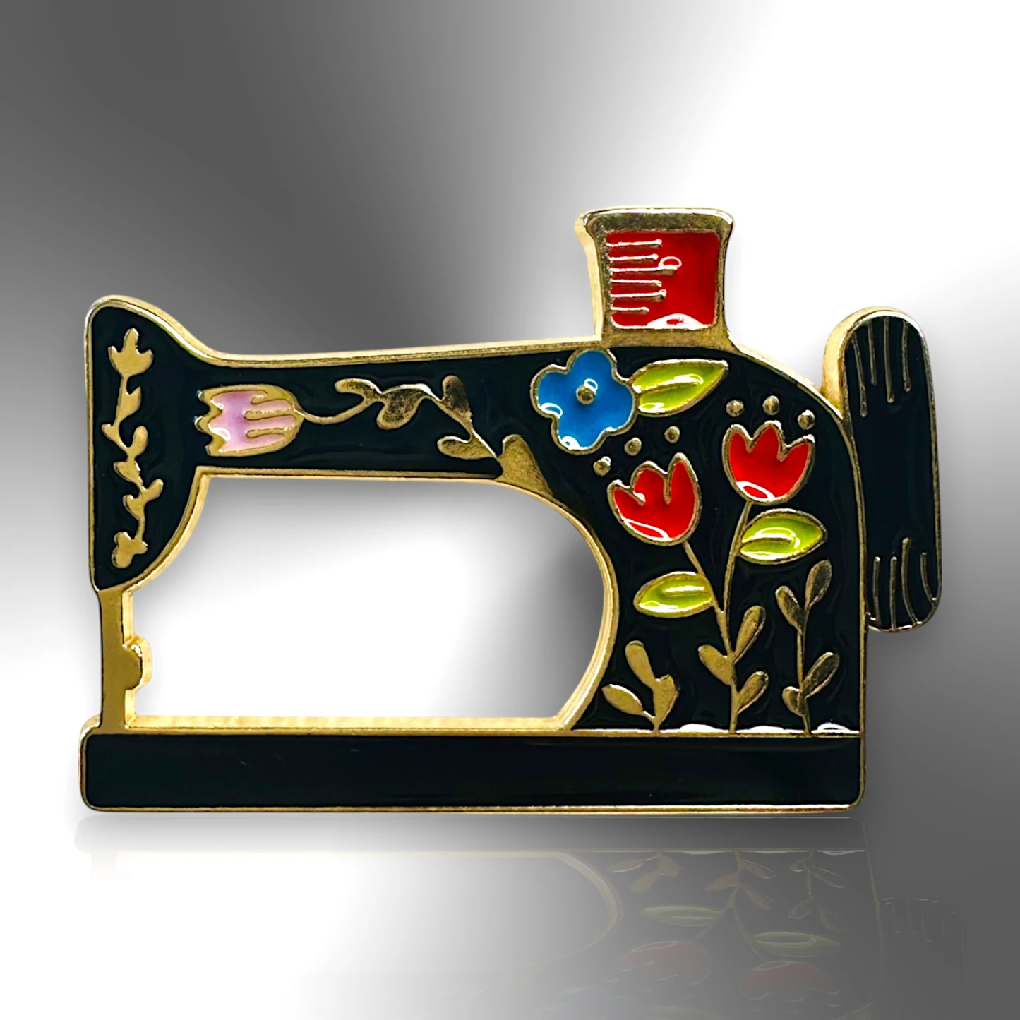 Black Sewing Machine Enamel Pin Brooch With Flowers