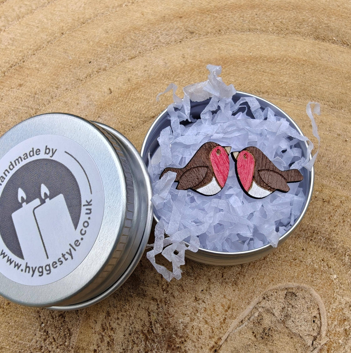 Handpainted Birch Robin Wildlife Stud Earrings with Tin