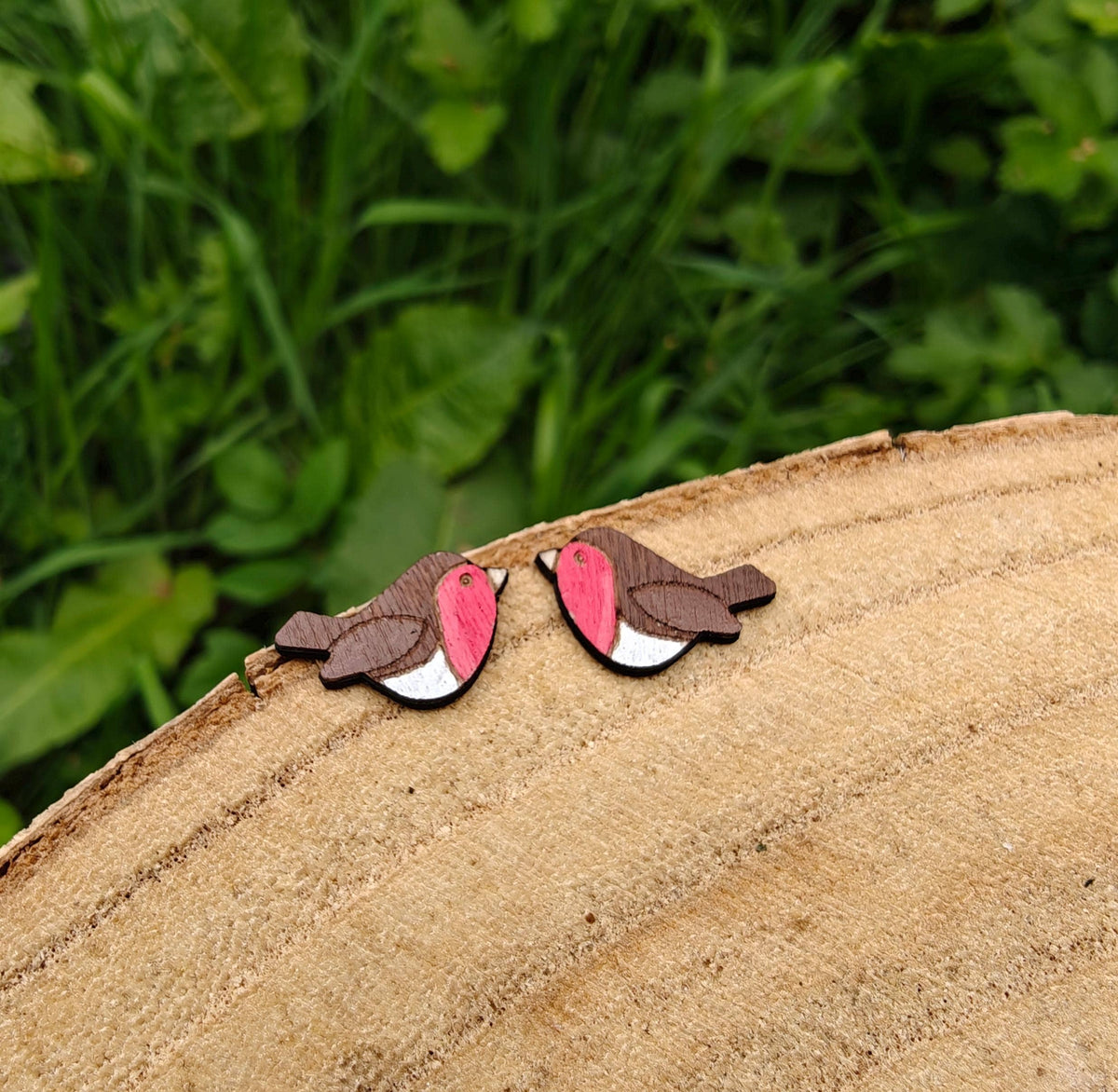 Handpainted Birch Robin Wildlife Stud Earrings with Tin