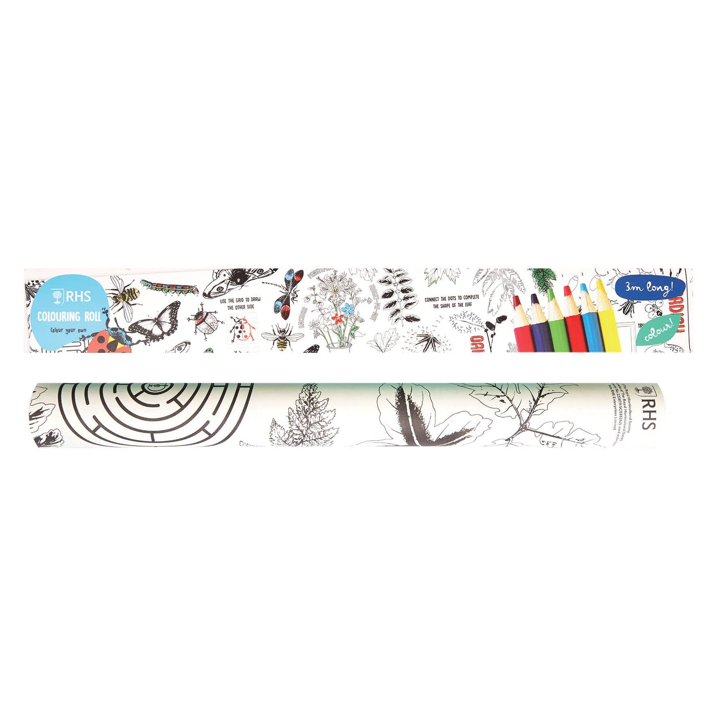 RHS Colouring Roll & Pencils White, 3 Meters Bugs and Blooms