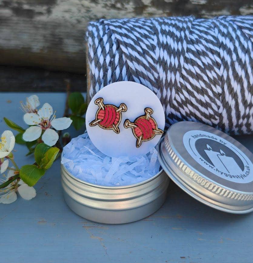 Handmade Birch Red Knitting Yarn Ball Earrings with Gift Tin