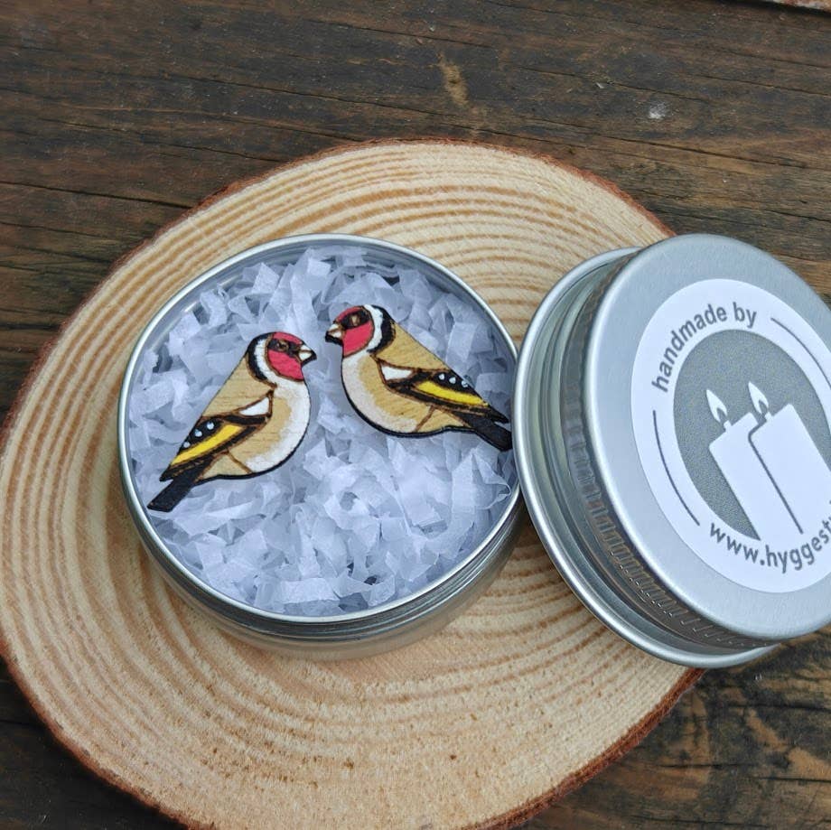 Handpainted Birch Goldfinch Wild Bird Stud Earrings & Tin