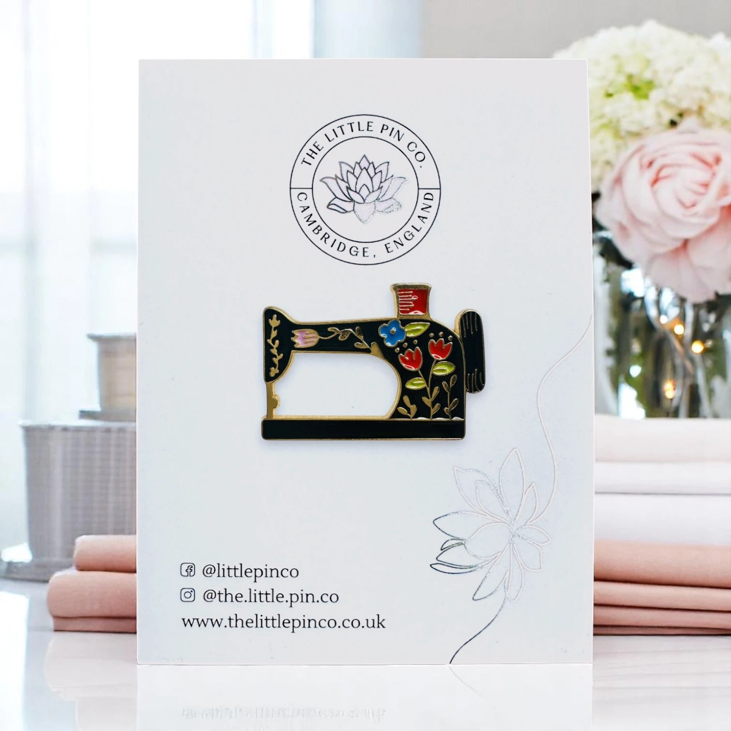 Black Sewing Machine Enamel Pin Brooch With Flowers