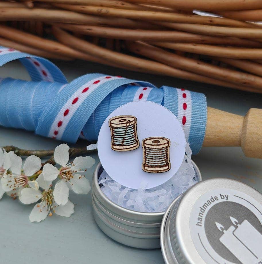Handmade Light Blue Cotton Reel Earrings