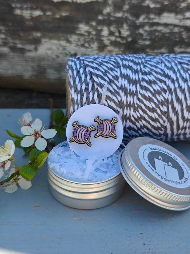 Handmade Nordic Birch Lilac Yarn Ball Earrings with Gift Tin