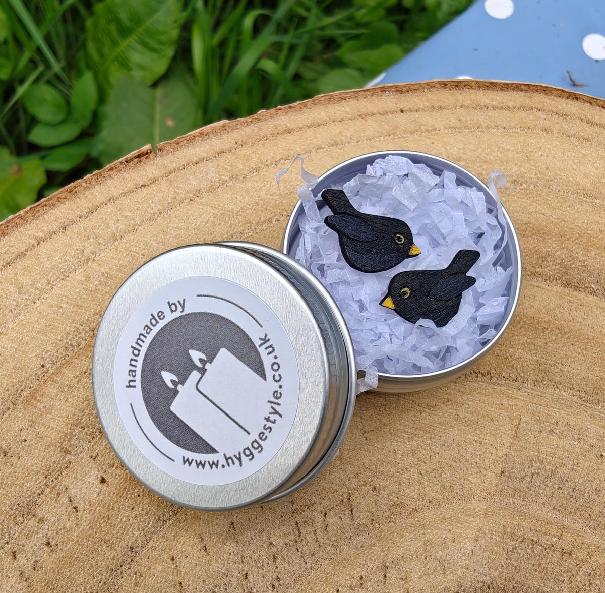 Handpainted Birch Blackbird Stud Earrings with Gift Tin