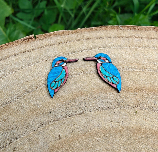 Handpainted Birch Kingfisher Bird Stud Earrings with Tin