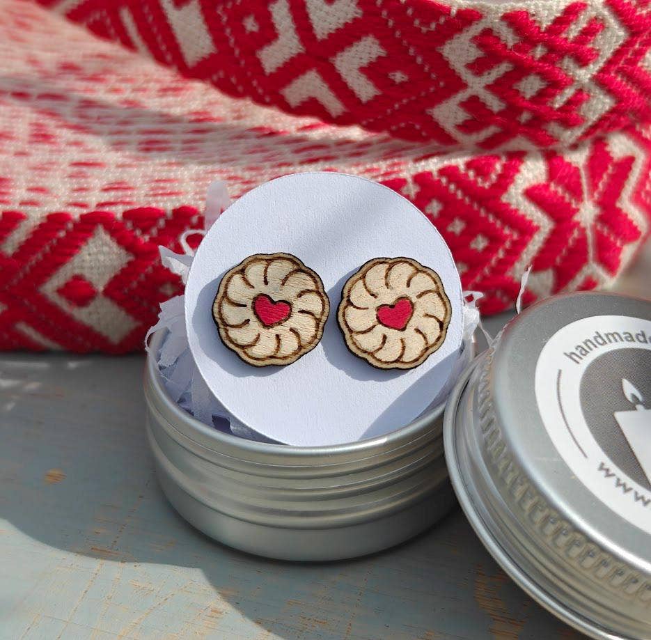 Handmade Jammy Dodger Biscuit Earrings with gift tin