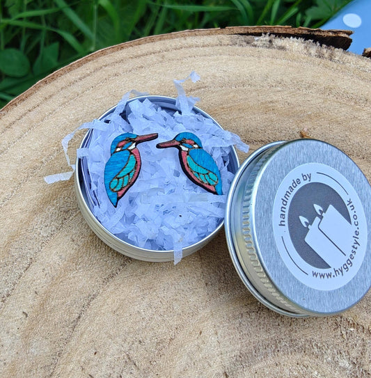 Handpainted Birch Kingfisher Bird Stud Earrings with Tin