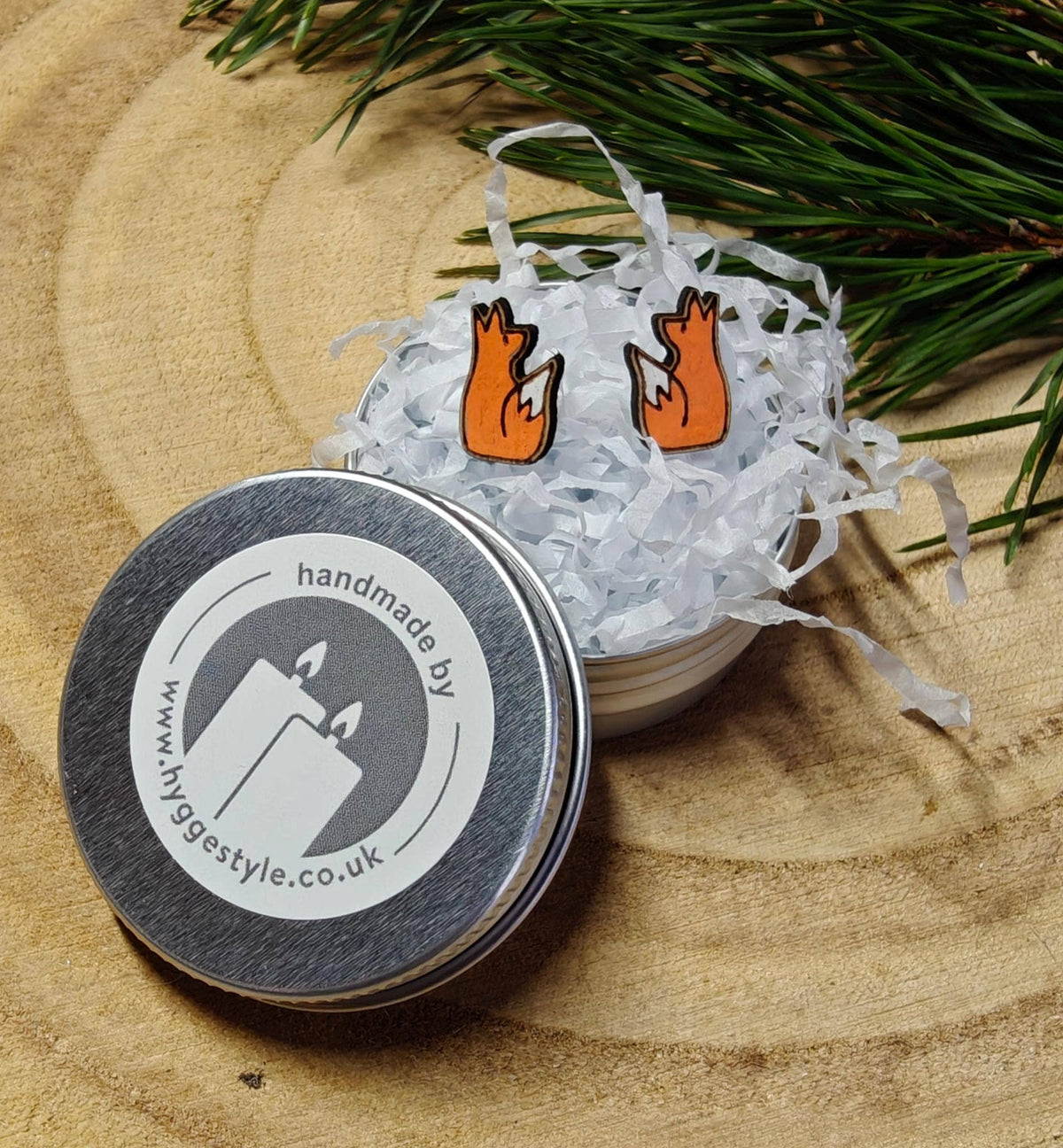 Handmade Sustainable Birch Fox Earrings with Gift Tin